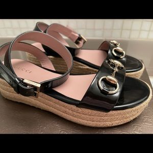 Gucci - Black patent leather horsebit espadrille